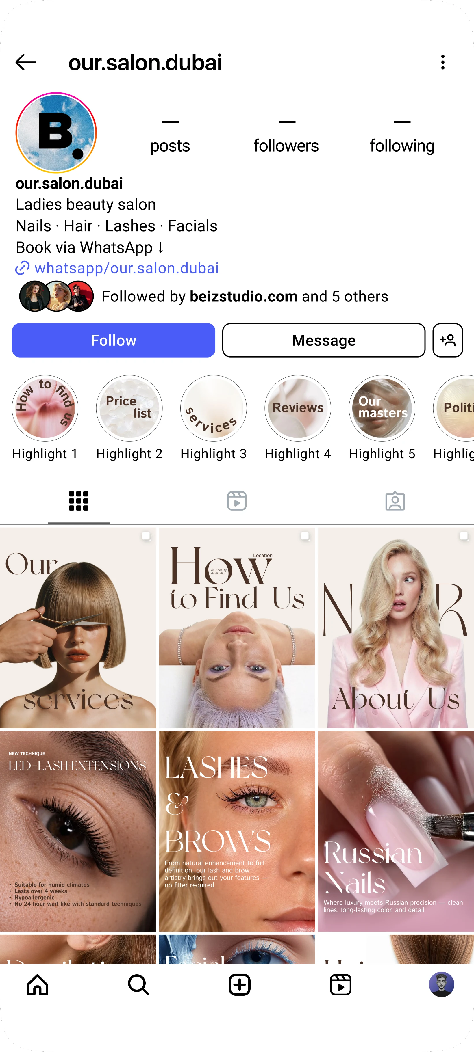 Макет Instagram бьюти-салона: шапка профиля, актуальные истории и лента публикаций